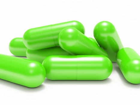 Many green shiny medical pills (capsule) on white background
