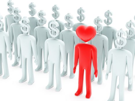 Many peoples with dollar-shaped head and one with heart-shaped head on white background