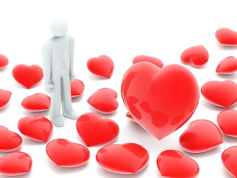 Man and many beautiful red hearts on white background