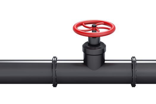 Black oil pipe with red valve, isolated on white background