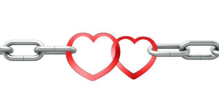 Steel chain with two joined red hearts on white background