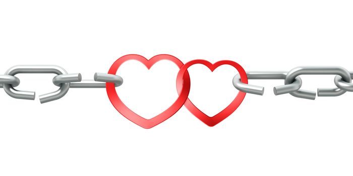 Steel chain with two joined red hearts on white background