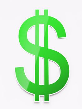 Green shiny paper dollar sign on white background