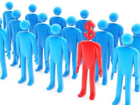 One dollar-shaped red figure between many blue peoples on white background