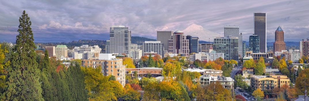Portland Oregon Downtown City Skyline with Mount Hood in the Fall Panorama