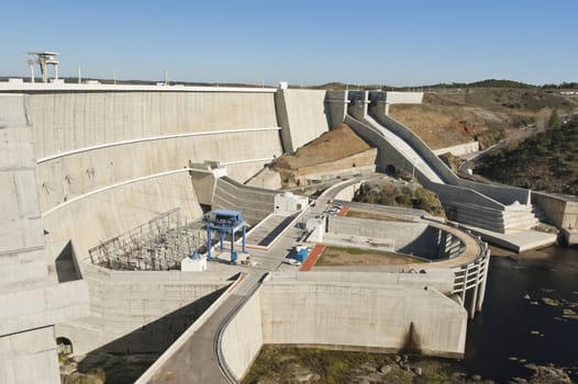 Overview of the downstream side of Alqueva dam in Guadiana river, Alentejo, Portugal