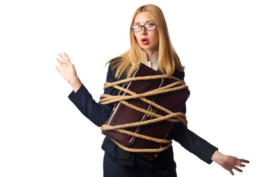 Woman businessman tied up with rope