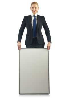 Businesswoman with blank board on white