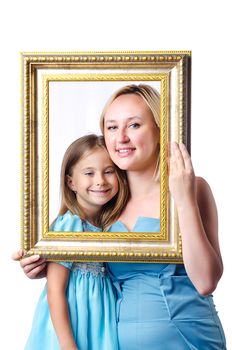 Happy mom and daughter on white