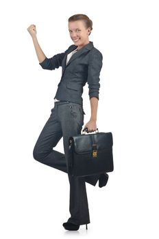 Businesswoman with briefcase on white