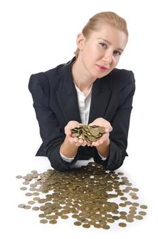 Woman with lots of coins on white