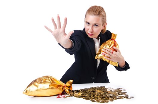 Woman with coins and golden sacks