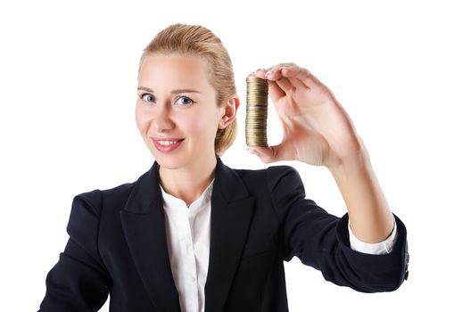 Woman with coins on white