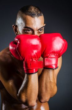 Boxer with red gloves in dark room