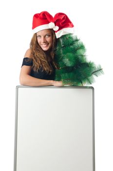 Young woman santa with blank board