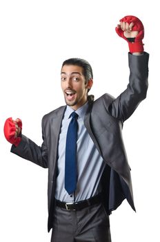 Handsome businessman with boxing gloves