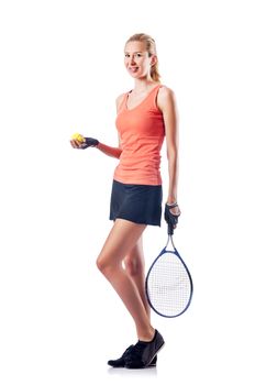 Woman playing tennis on white