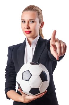 Businesswoman with football on white