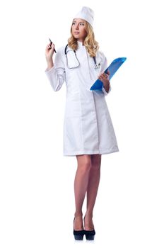 Young woman doctor on white