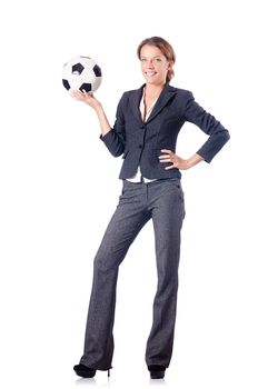 Businesswoman with football on white