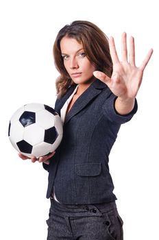 Businesswoman with football on white