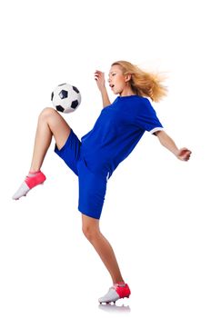 Woman playing football on white