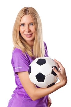 Woman playing football on white