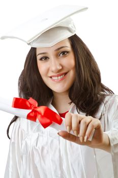 Happy student celebrating graduation on white