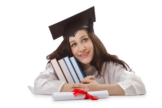 Young student with diploma on white