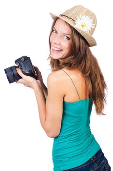 Attractive female photographer on white