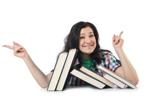 Tired student with textbooks on white