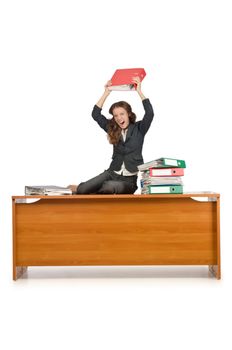 Busy businesswoman isolated on the white