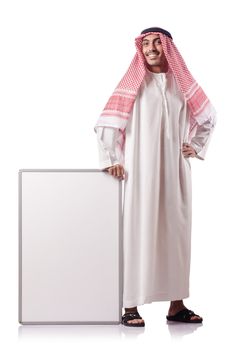 Arab man with blank board on white