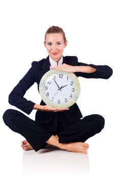 Woman with clock on white