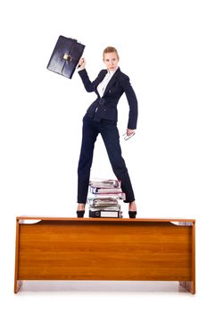 Dominant woman boss standing on desk