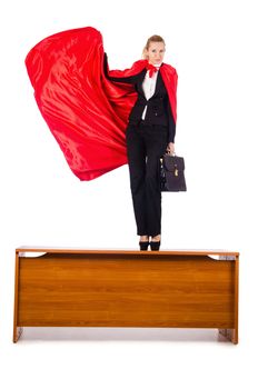 Superwoman standing on the desk