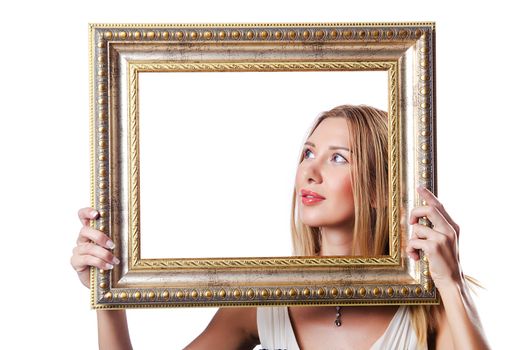 Woman with picture frames on white