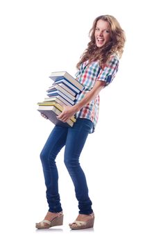 Student with lots of books on white