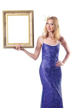 Woman with picture frames on white