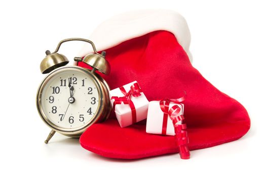 Christmas countdown clock with red sock and gift boxes