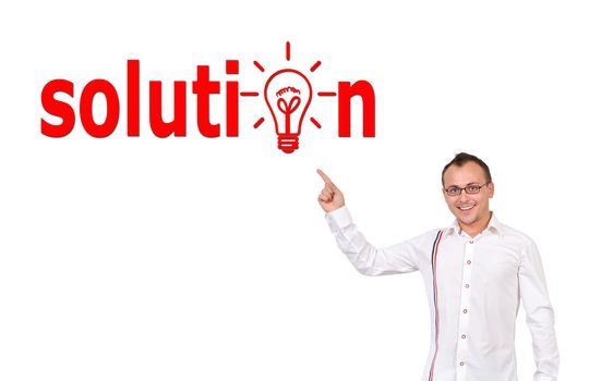 businessman points to solution symbol