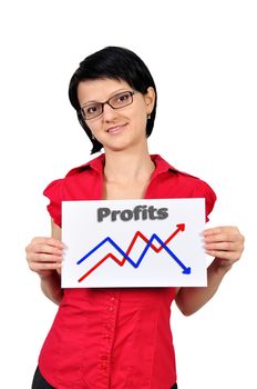Woman holding a placard graph profits