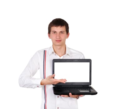 man with laptop on a white background