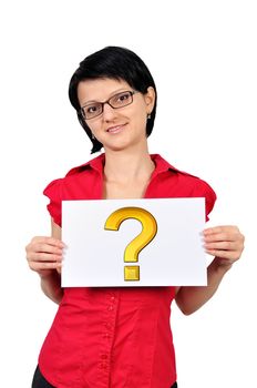 Woman holding a placard question mark symbol