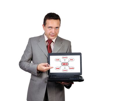 man with a laptop in hand points to seo