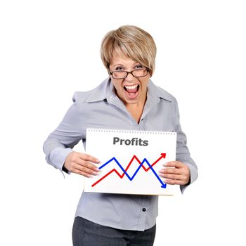 businesswoman holding a sign saying profits and screams