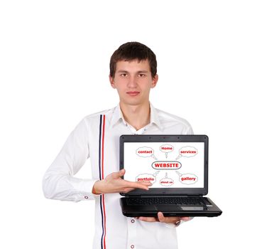 man with a laptop in hand points to scheme website