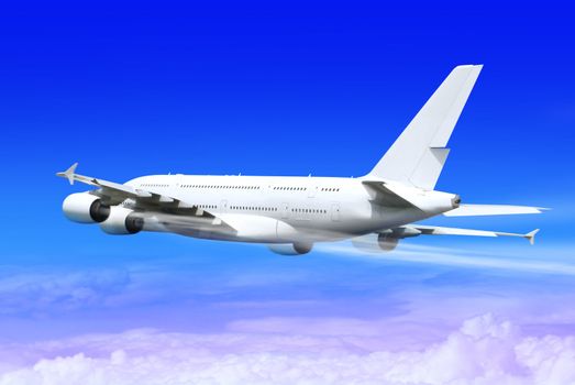 big passenger airplane in the blue sky landing away