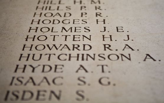 Names of fallen war heroes from the first World War on the Menin Gate in Ypres.  The Menin Gate is dedicated to the British and Commonwealth soldiers who were killed in the Ypres Salient of World War I and whose graves are unknown. 