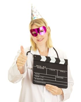 A female medical doctor with a clapperboard
